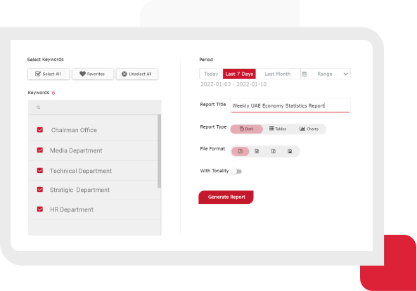 Reports Engine Tool Reports engine tool giving media managers and media analysts the freedom to create media analysis and media coverage reports based on their media monitoring results